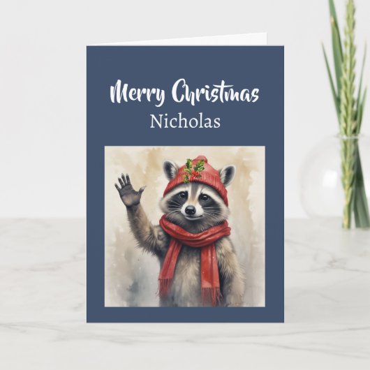 Cute Hi & Merry Christmas Cute Raccoon Animal シーズンカード (正面)