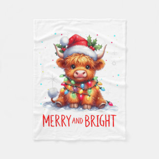 Cute Highland Baby Cow Christmas Lights Merry &amp フリースブランケット