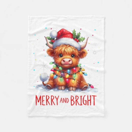 Cute Highland Baby Cow Christmas Lights Merry & フリースブランケット (正面)