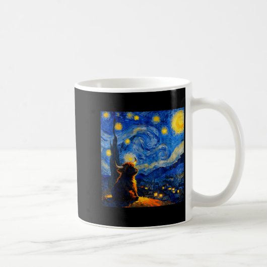 Cute Highland Baby Cow Graphic Van Gogh Style Star コーヒーマグカップ (右)