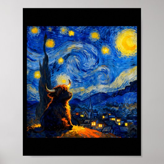 Cute Highland Baby Cow Graphic Van Gogh Style Star ポスター (正面)