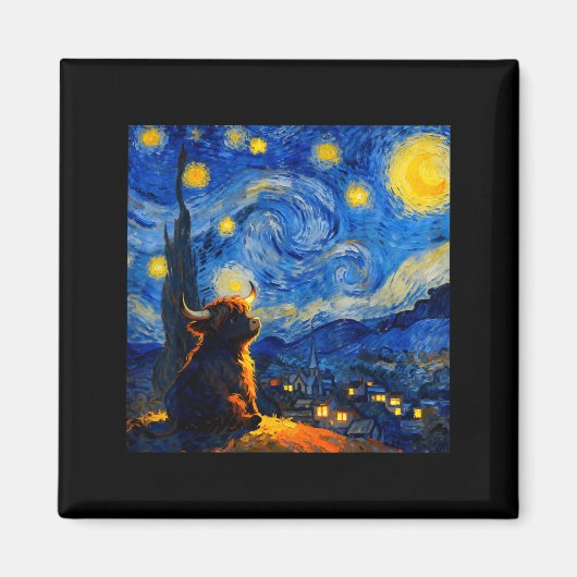 Cute Highland Baby Cow Graphic Van Gogh Style Star マグネット (正面)
