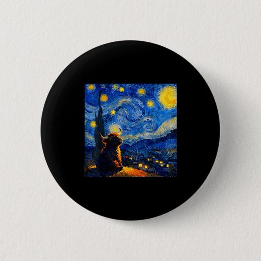 Cute Highland Baby Cow Graphic Van Gogh Style Star 缶バッジ (正面)