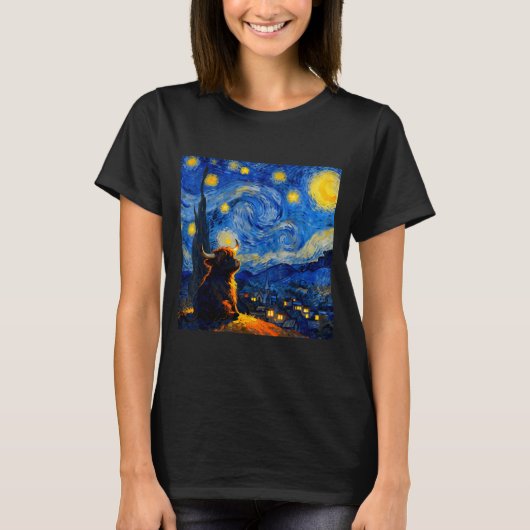 Cute Highland Baby Cow Graphic Van Gogh Style Star Tシャツ (正面)