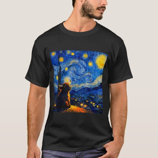 Cute Highland Baby Cow Graphic Van Gogh Style Star Tシャツ (正面)