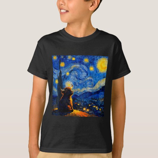 Cute Highland Baby Cow Graphic Van Gogh Style Star Tシャツ (正面)