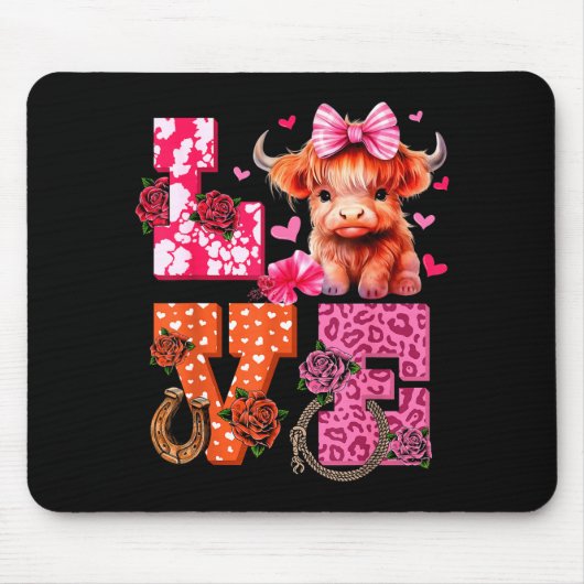 Cute Highland Cow And Nk Heart Valentines Day Love マウスパッド (正面)