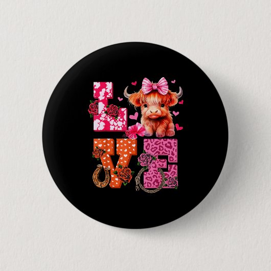 Cute Highland Cow And Nk Heart Valentines Day Love 缶バッジ (正面)