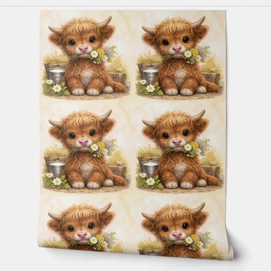 Cute Highland Cow Baby Pattern Wallpaper 壁紙 (ほどく)