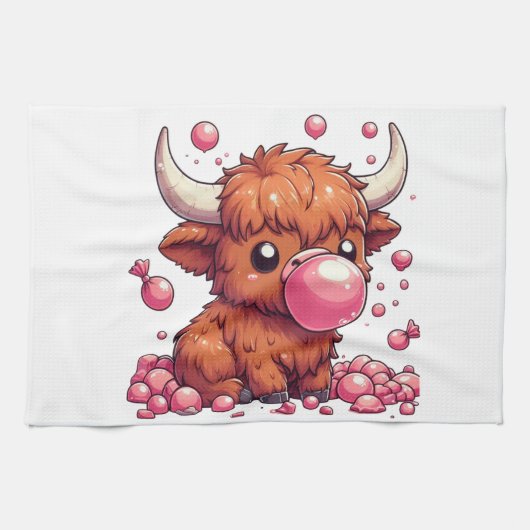 Cute Highland Cow calf blowing bubbles キッチンタオル (横)