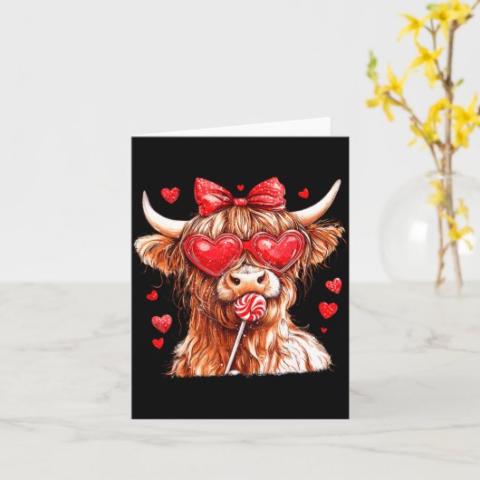 Cute Highland Cow Candy Cane Heart Valentines Day カード (黄色い花)