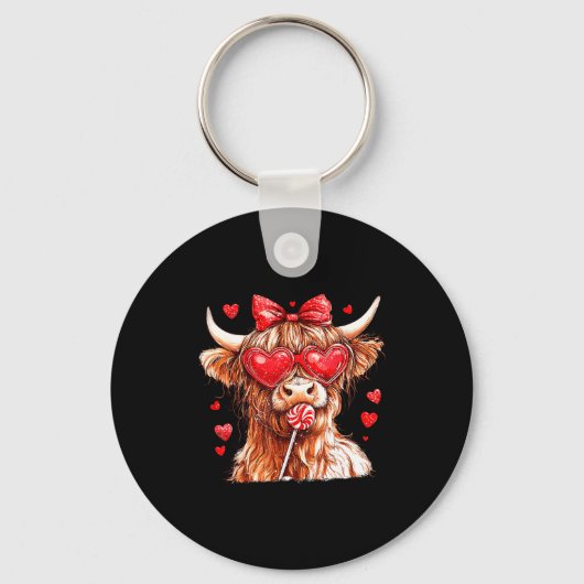 Cute Highland Cow Candy Cane Heart Valentines Day  キーホルダー (正面)