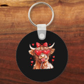 Cute Highland Cow Candy Cane Heart Valentines Day  キーホルダー (正面)