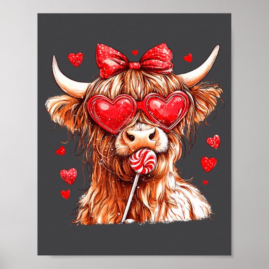 Cute Highland Cow Candy Cane Heart Valentines Day  ポスター (正面)