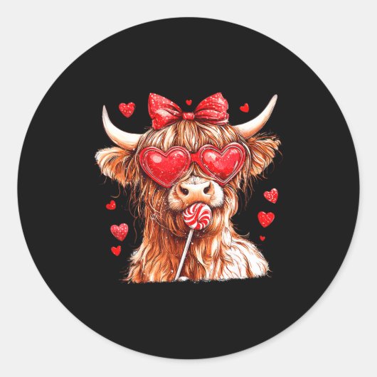 Cute Highland Cow Candy Cane Heart Valentines Day  ラウンドシール (正面)