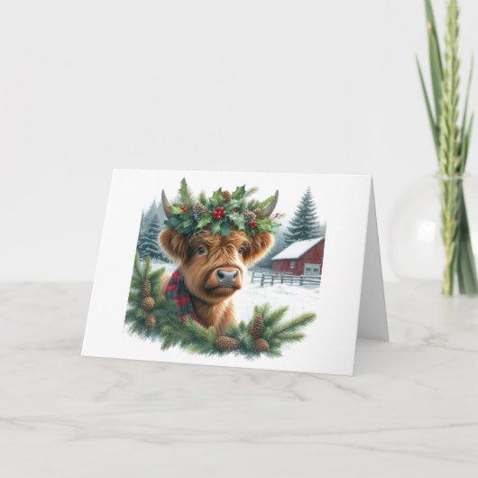 Cute Highland Cow Christmas Folded Holiday Card シーズンカード (正面)