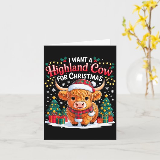 Cute Highland Cow Christmas Funny Santa Lights Hol カード (黄色い花)