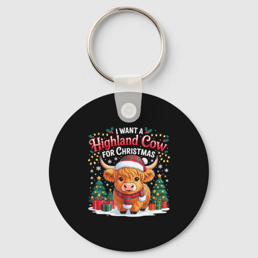 Cute Highland Cow Christmas Funny Santa Lights Hol キーホルダー (正面)