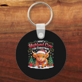 Cute Highland Cow Christmas Funny Santa Lights Hol キーホルダー (正面)