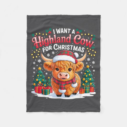 Cute Highland Cow Christmas Funny Santa Lights Hol フリースブランケット (正面)
