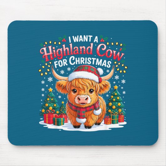 Cute Highland Cow Christmas Funny Santa Lights Hol マウスパッド (正面)