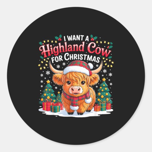 Cute Highland Cow Christmas Funny Santa Lights Hol ラウンドシール (正面)