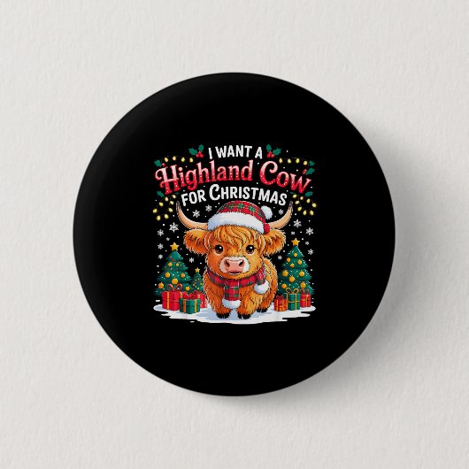 Cute Highland Cow Christmas Funny Santa Lights Hol 缶バッジ (正面)