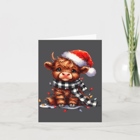 Cute Highland Cow Christmas Lights Santa Hat Winte カード (正面)