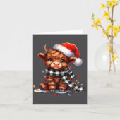 Cute Highland Cow Christmas Lights Santa Hat Winte カード (黄色い花)