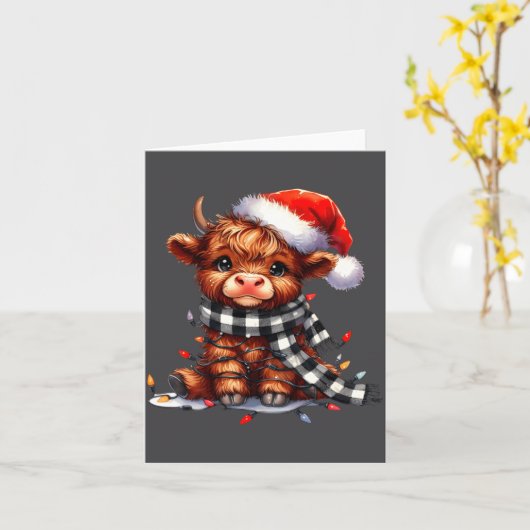 Cute Highland Cow Christmas Lights Santa Hat Winte カード (黄色い花)