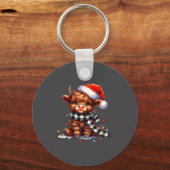 Cute Highland Cow Christmas Lights Santa Hat Winte キーホルダー (正面)