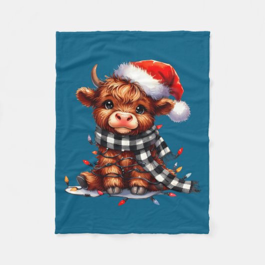 Cute Highland Cow Christmas Lights Santa Hat Winte フリースブランケット (正面)