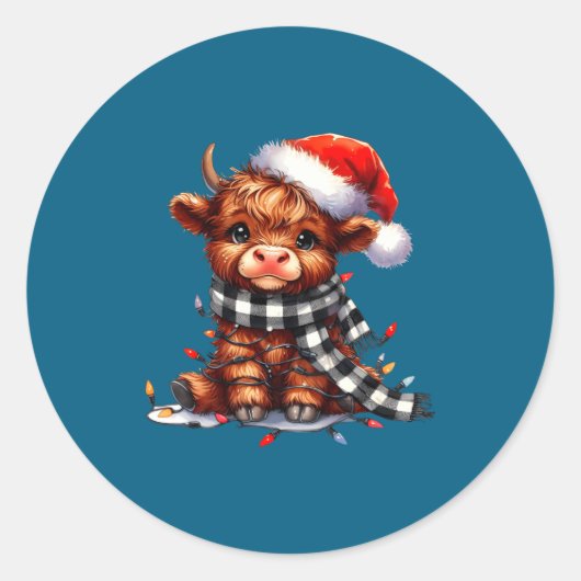 Cute Highland Cow Christmas Lights Santa Hat Winte ラウンドシール (正面)