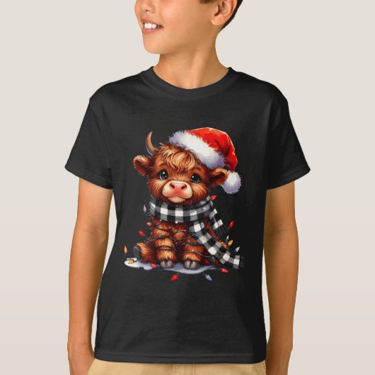 Cute Highland Cow Christmas Lights Santa Hat Winte Tシャツ (正面)