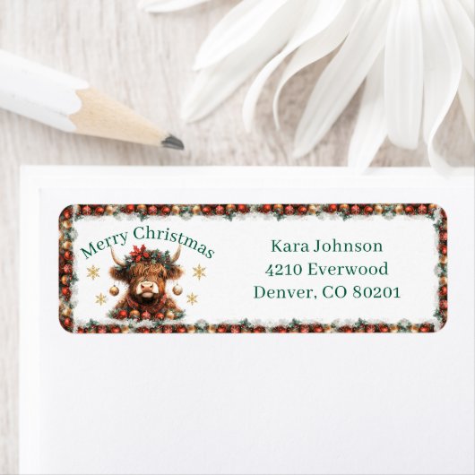 Cute Highland Cow Christmas Return Address ラベル (インサイチュ)