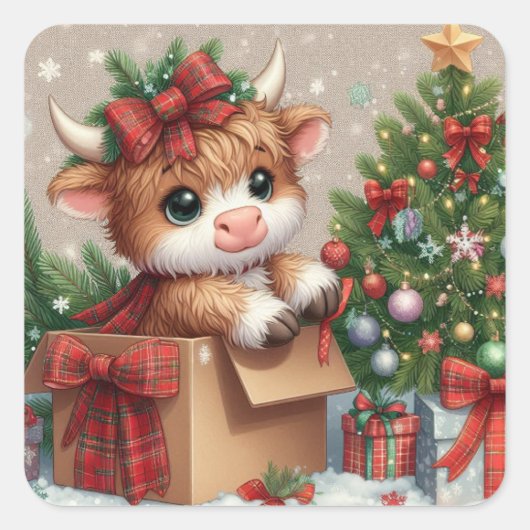 Cute Highland Cow Christmas Sticker スクエアシール (正面)