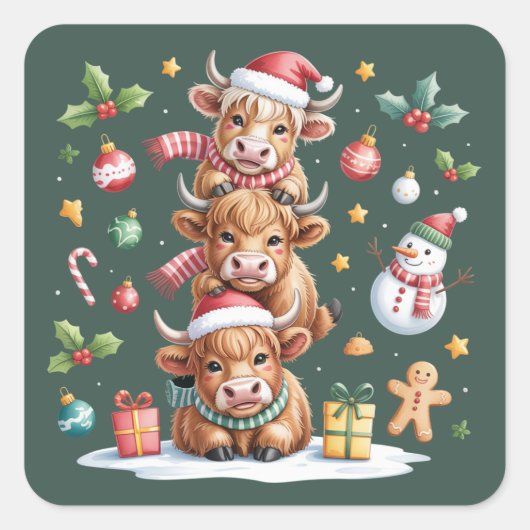 Cute Highland Cow Christmas Trees Hot Cocoa Cozy  スクエアシール (正面)
