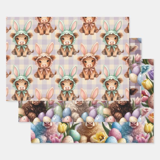 Cute Highland Cow Easter Bunny Bonnets in Pastel ラッピングペーパーシート (セット)