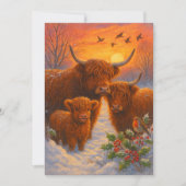 Cute Highland Cow Family In Snowy Woodland Sunset シーズンカード (正面)