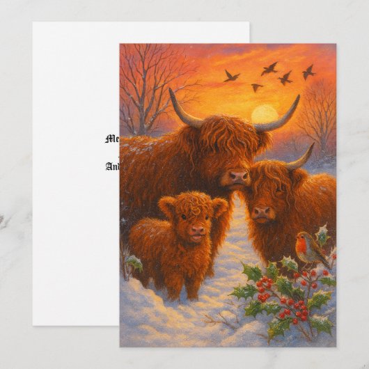 Cute Highland Cow Family In Snowy Woodland Sunset シーズンカード (正面/裏面)