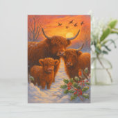 Cute Highland Cow Family In Snowy Woodland Sunset シーズンカード (スタンド正面)