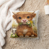 Cute Highland Cow Flower Pillow Kawaii Farm Decor クッション (ブランケット)