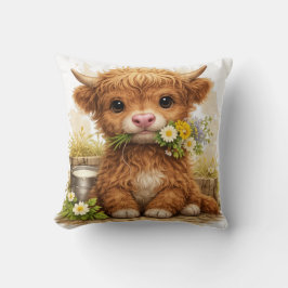 Cute Highland Cow Flower Pillow Kawaii Farm Decor クッション