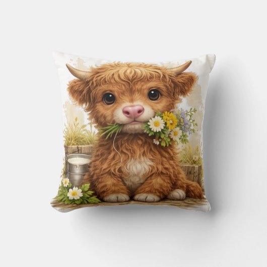 Cute Highland Cow Flower Pillow Kawaii Farm Decor クッション (正面)