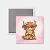Cute Highland Cow Hugging Teddy Bear Square Magnet マグネット (正面/裏面)