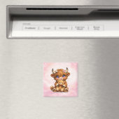 Cute Highland Cow Hugging Teddy Bear Square Magnet マグネット (インサイチュ (食洗機))