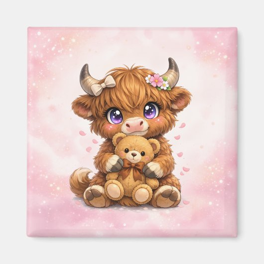 Cute Highland Cow Hugging Teddy Bear Square Magnet マグネット (正面)