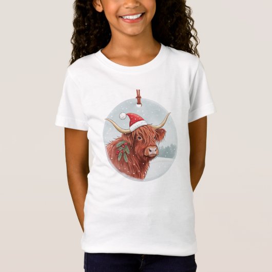 Cute Highland Cow Kids Christmas Shirt | Santa Hat Tシャツ (正面)