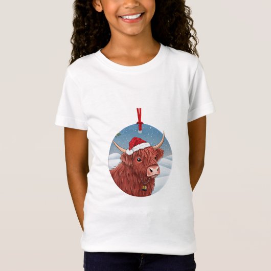 Cute Highland Cow Kids Christmas Shirt | Santa Hat Tシャツ (正面)