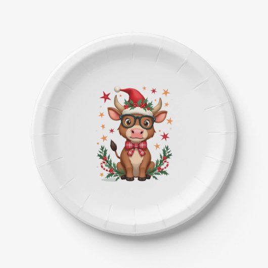 Cute Highland Cow Lover Santa Hat Western Christma ペーパープレート (正面)